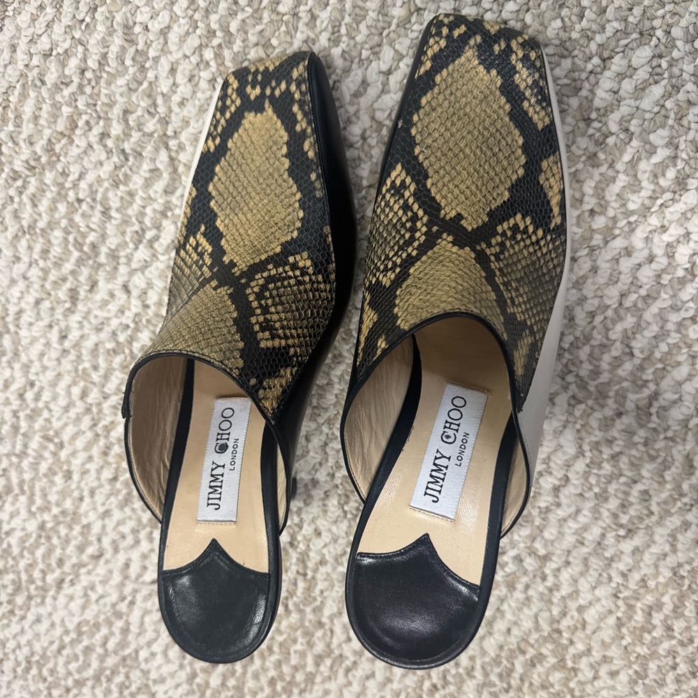 New Jimmy Choo Black and Gold Snake Print Mules